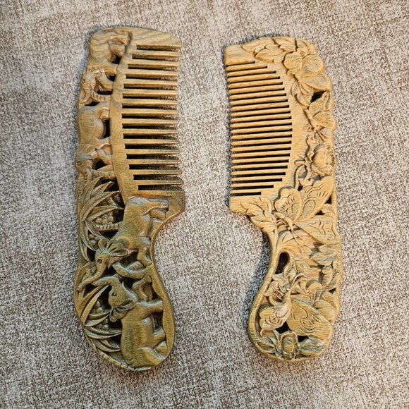 Two Natural Peach Wooden Handmade Decorative Carved Pattern Hollow Out Hair Comb - Picture 1 of 3